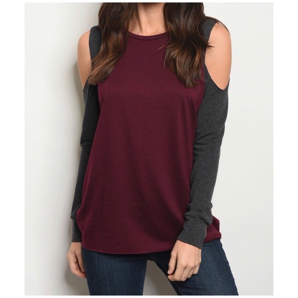 BURGUNDY COLD SHOULDER TOP - Picture 3 of 9